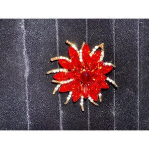 Vintage Gold-Tone Red Rhinestone Flower Brooch Pin With Clear Accents Glam Retro